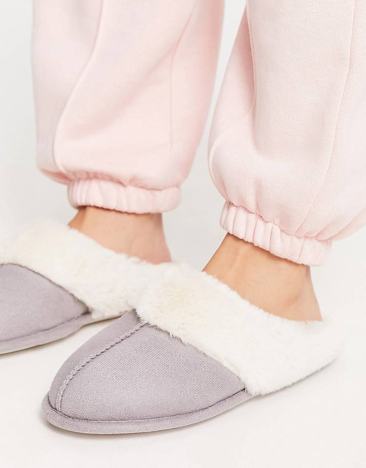 New Look suedette mule slippers in gray